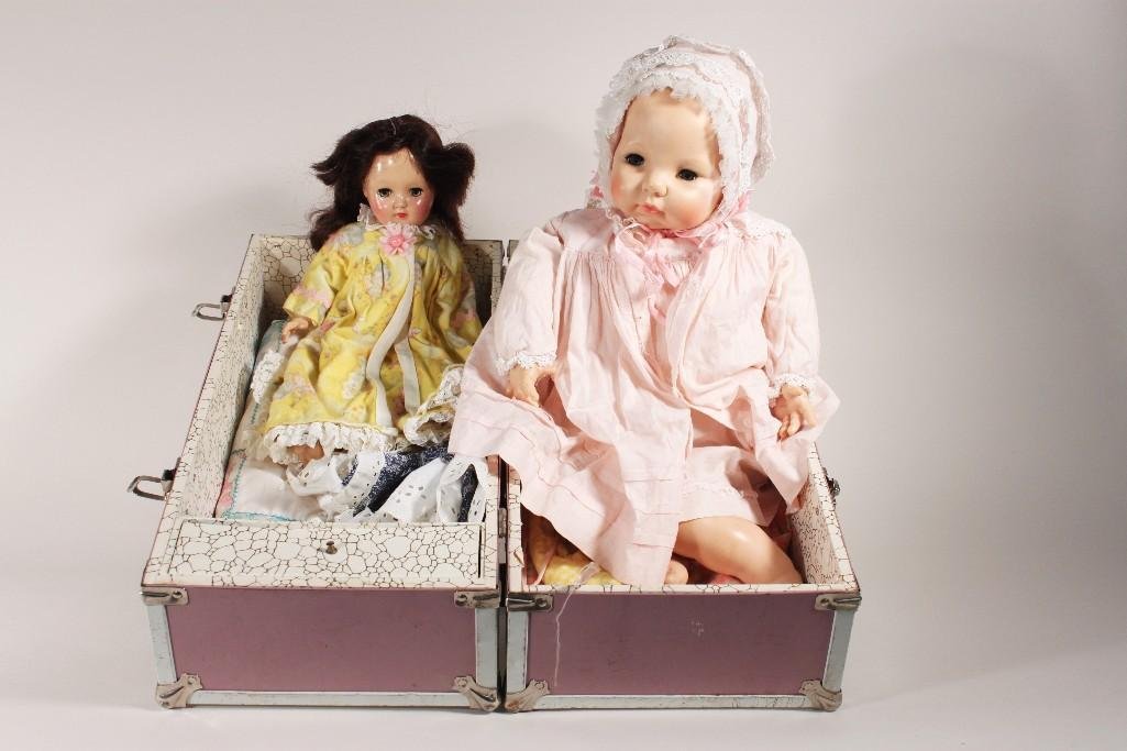 Vintage Dolls in Trunk: Alexander crying doll plastic and fabric, measures 19" long. Ideal Doll is composition and plastic, measures 15" long. Also includes blankets, doll clothes, and more. Trunk measures 17.5&quo