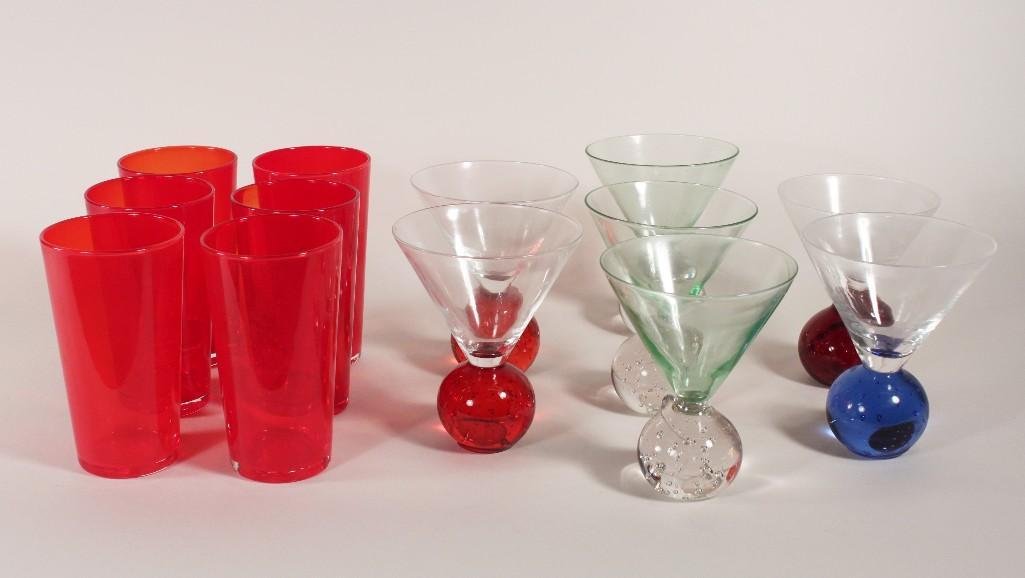 Clear and Colored Glass Barware (13): red glasses measure 5" tall, and blown martini glasses measure 5" tall