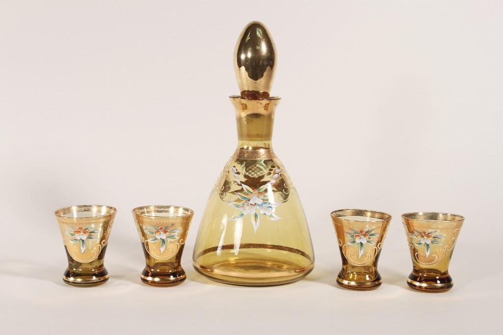 Vintage Amber Decanter and Shot Glasses: hand painted decanter with floral design measures 9" tall, matching shot glasses measure 2.5" tall. Hand painted design is showing wear.