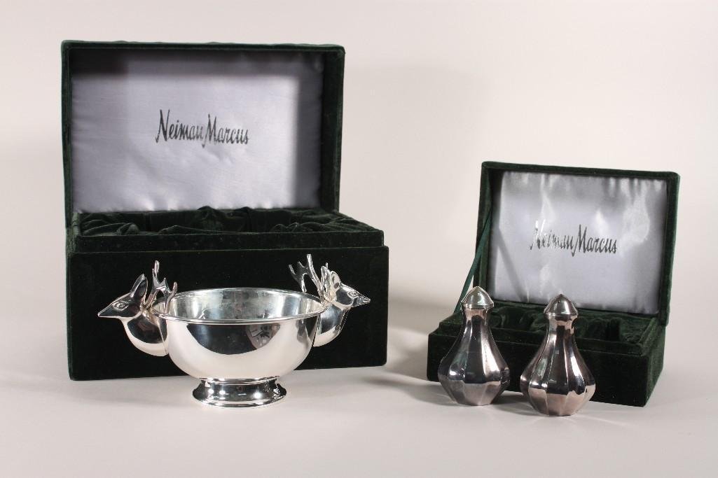 Neiman Marcus Silver Plate Gift Sets (2): One sauce bowl with deer handles (5.25" x 9"), and one pair of salt and pepper shakers, both are in green velvet boxes, like new condition