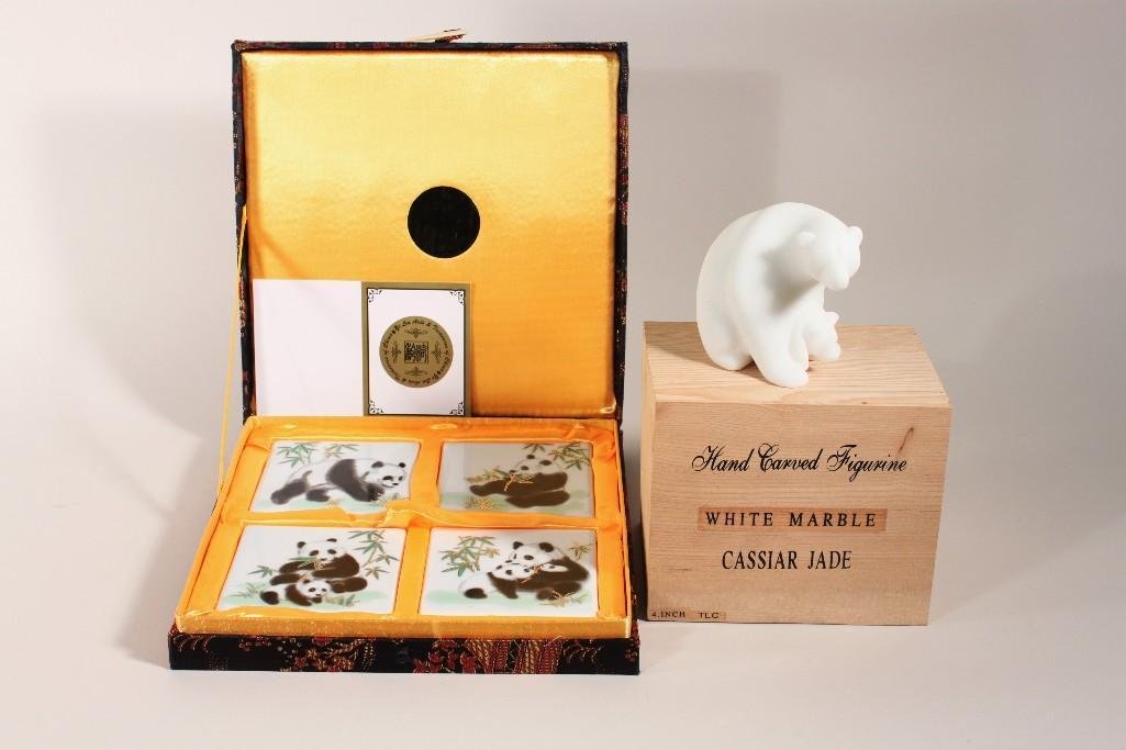 Hand Craft Marble Bear and Panda Bear Coasters: Hand painted panda bears on porcelain coasters from China, and a hand carved white marble bear figurine by Cassiar Jade (4" tall), both in original boxes, in great condition