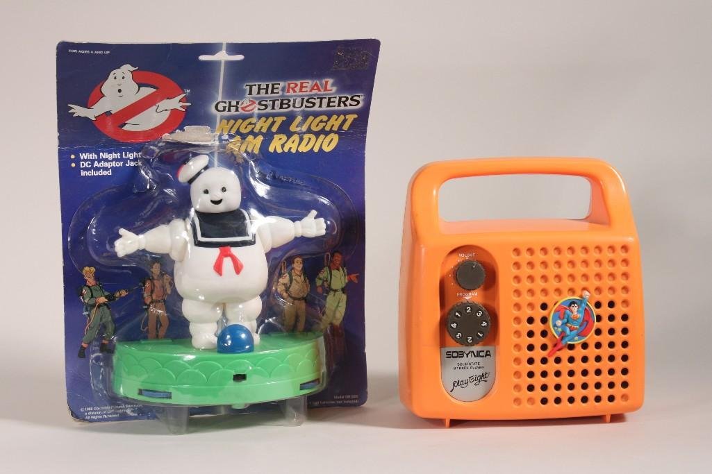 Sobynica Play Eight and Ghost Busters Night Light: Sobynica measures 7.5"x7", has a Superman embellishment on the front. Ghost busters night light AM radio comes in original packaging