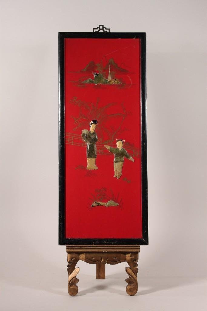 Vintage Asian Wall Art: Hand painted with raised detail, background has some scratches and crazing, no marks, 10" x 24" 