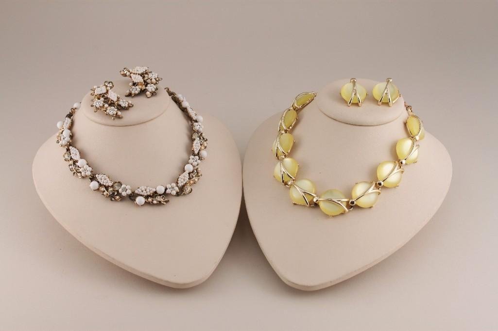 Vintage Ladies Jewelry: Items include a white bead and rhinestone choker necklace with matching earrings, and a gold tone necklace with yellow stones and matching earrings 