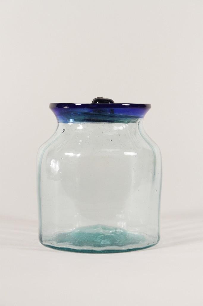 Hand Blown Lidded Glass Jar: Made in Mexico, blue and clear glass, good condition, 6" tall