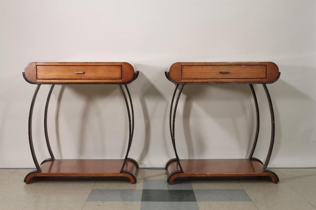Century Side Tables (2): 30" x 28" x 21", one drawer and one shelf, wood with metal legs, edges show wear, and one has chips on top