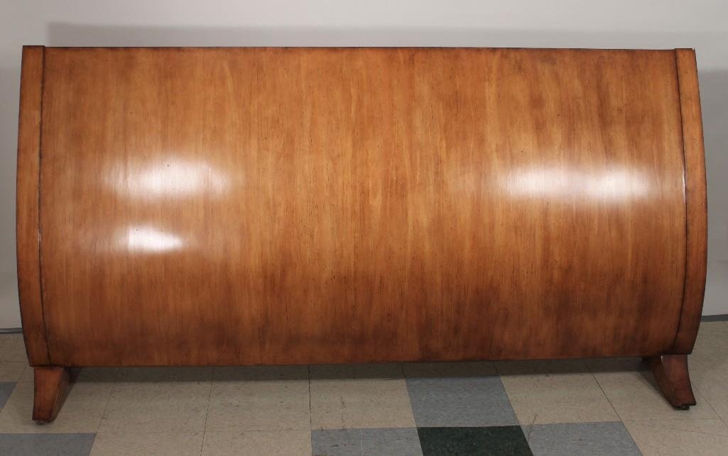 Walnut Sleigh Bed & Sleep Number Mattress: California King size bed and mattress, wood frame shows wear has chips in the wood, 79inches x 95inches. Photos show mattress zipped and unzipped, with and without air. Mattress optional to winning bi