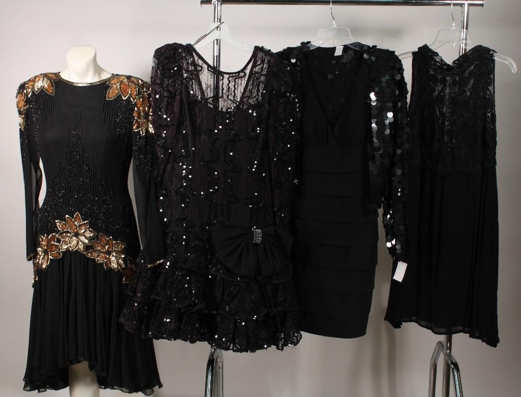 Formal Evening Wear (4): Hunz black dress sz M/L, B. Smart black dress sz 14 with a Trouve sz M sequenced half jacket. After Five by Julie Duroche sz 4 sequenced black dress with full skirt. Destinee sz 8 black