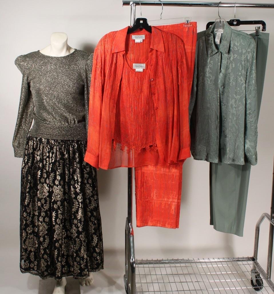 Women's Clothing (3): blouse with matching slacks by Jones New York sz 6, slacks with matching blouse and camisole by Vera Crutina sz S, and a black and gold tone skirt with matching sweater from Cachet by Bari Protas sz 7