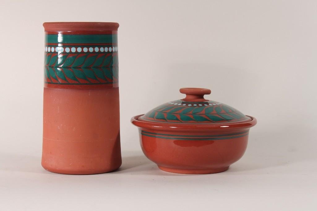 Terra-cotta Kitchenware: Utensil holder measures 8.5" tall, both have signature marks on bottom, and a lidded bowl that measures 4.5" tall and a diameter of 7.5", bowl has one small chip on rim otherwise 