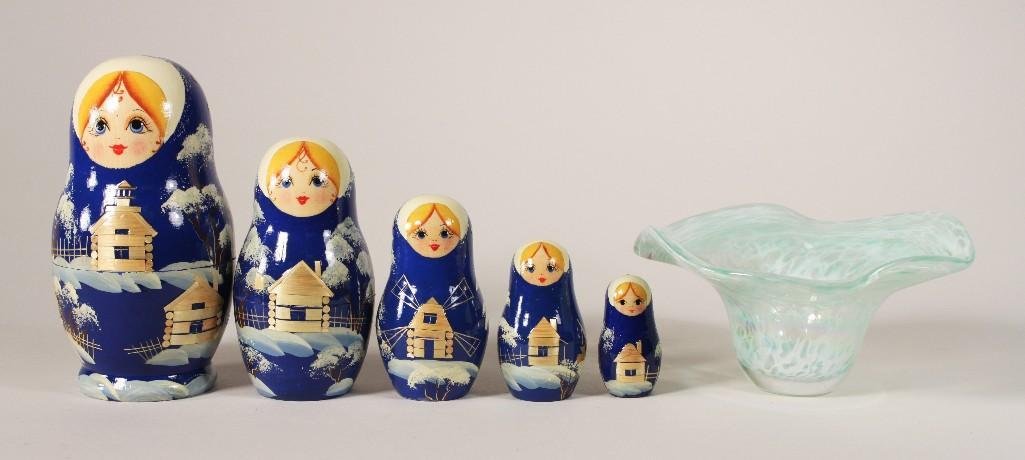 Art Glass Bowl and Nesting Doll (2): 5.5" tall nesting doll (no signatures) and a hand blown art glass bowl 5.5" wide.