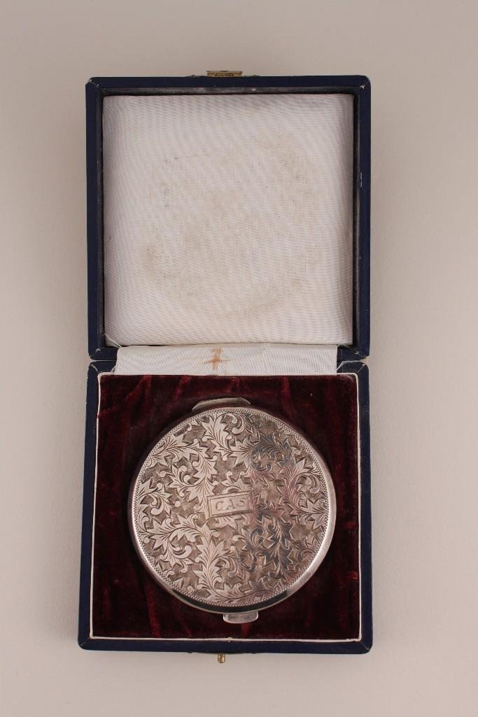 Vintage Ladies Silver Plate Compact: Monogrammed 'CAS' and inscribed " Love to my wonderful Mom, Little Tommy". Comes with original box