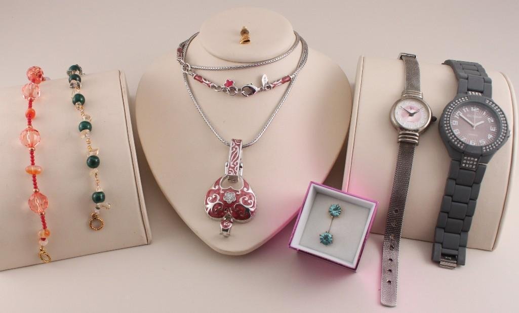 Jewelry and Wrist Watches: blue rhinestone earrings, two beaded bracelets, Pink enamel and silver tone pendant, Gossip watch and more
