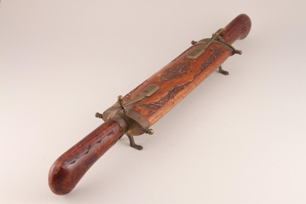 Made in India Meat Carving Set: Wood handle carving knife and fork stored in the hand carved footed holder. Brass and wood details