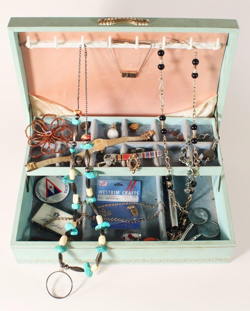 Jewelry Box with Contents: Items include silver tone and natural stone necklace, Gold tone ladies Consort wrist watch, hand carved Gem-tone brooch, and much more 