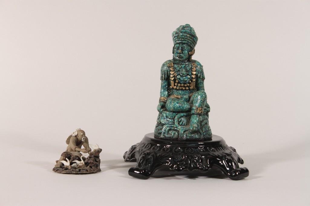 Asian Statue and Mud Man Figurine (2): Resin Asian statue on porcelain stand is 5.5" tall, and the mud man figurine is 2" tall, both are in good condition