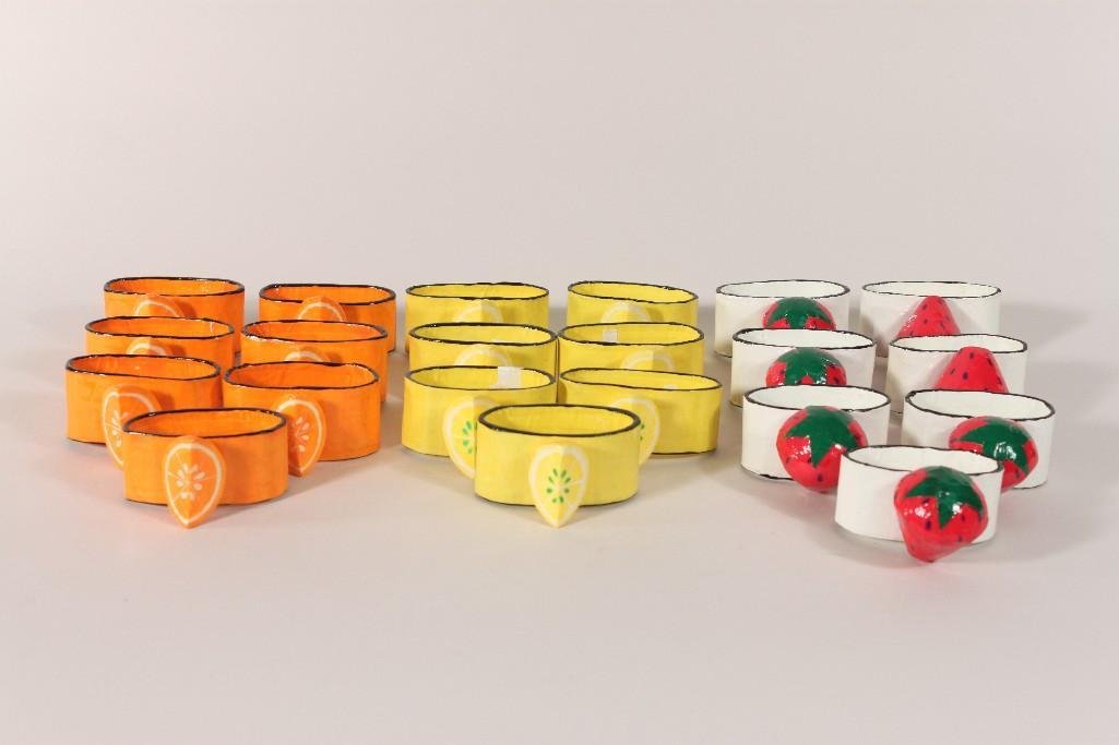 Fruit themed Napkin Rings (21): Sticker reads Made in Mexico, strawberries lemons and oranges, all are in good condition