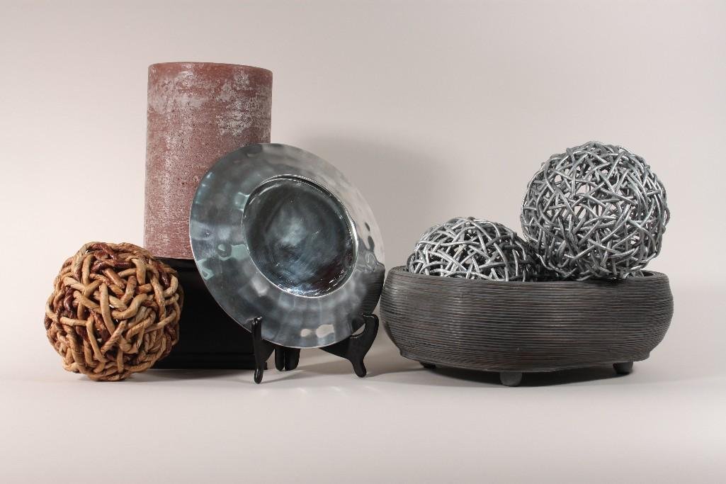 Home Decor: Oval basket with four decorative woven balls, candle tray with three wick candle, and a metal square candle holder