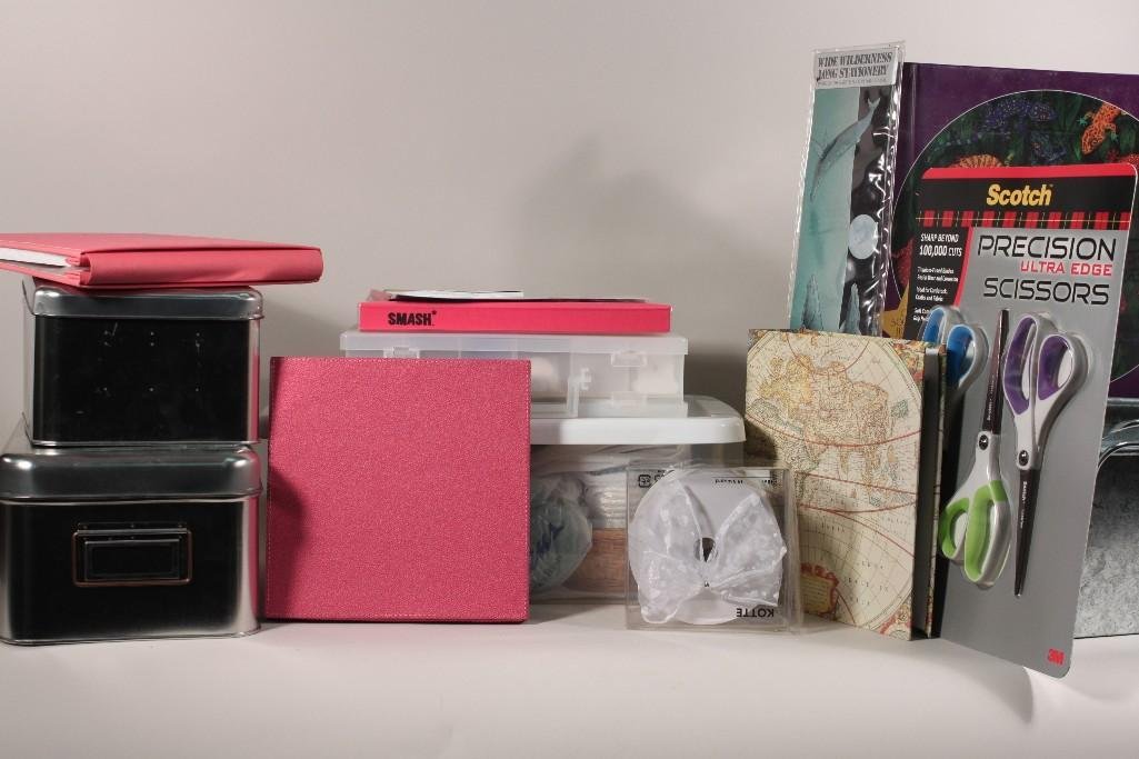 Crafting Supplies and Containers: Lot includes (2) metal boxes with lids, (2) metal boxes with no lids, journal, ribbon, scissors, photo album, small scrap book, scrap book embellishment, and more 