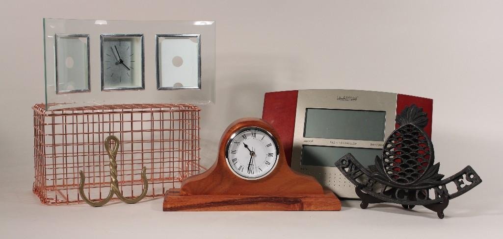 Clocks and Home Decor (6): International Silver Company clock with with frames, La Crosse Technology indoor outdoor clock, Quartz small mantle clock, and small metal decor.