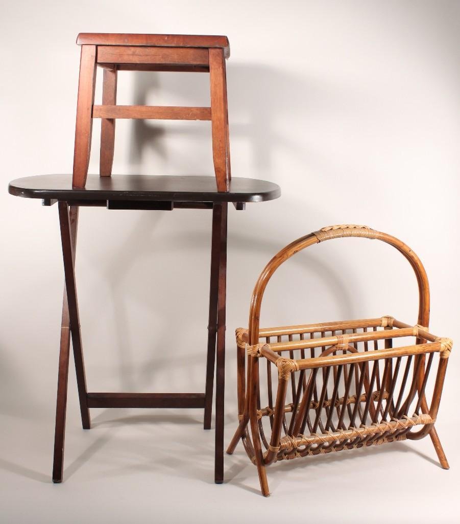 small Wooden Furniture (3): Magazine rack measures 23"x18", wooden stool measures 12"x12"x12", folding TV tray measures 26"x23.5"x15.5".