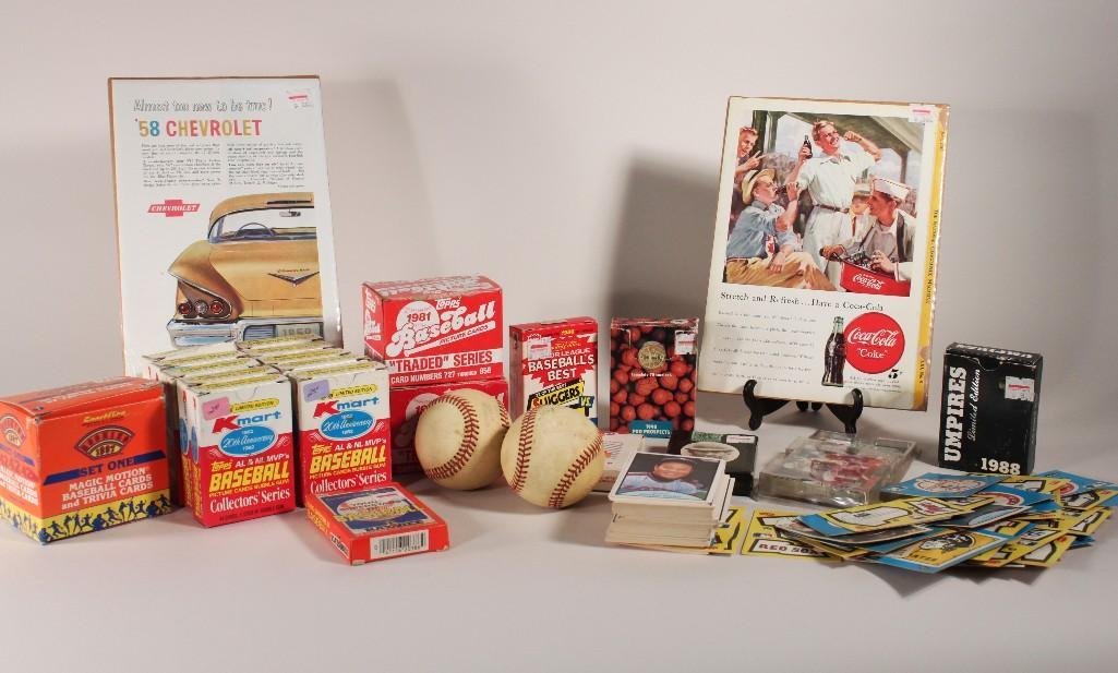 Vintage Baseball Cards and Advertisements: Items include: SportFlic baseball cards and trivia cards, topps baseball picture cards and bubble gum, Coca-Cola ad, baseballs, basketball collector cards