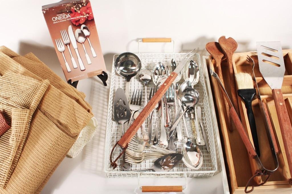 Kitchenware: Wood bed tray, wooden flatware dividers, metal tray, stainless steel flatware, BBQ utensils, and more