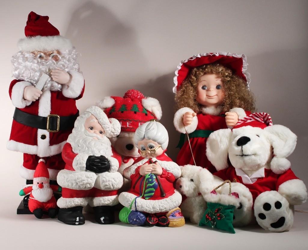 Christmas Decor: Animatronic 22" tall girl with dog, 26" tall Santa (animatronic and lights up), plush toys, and more 