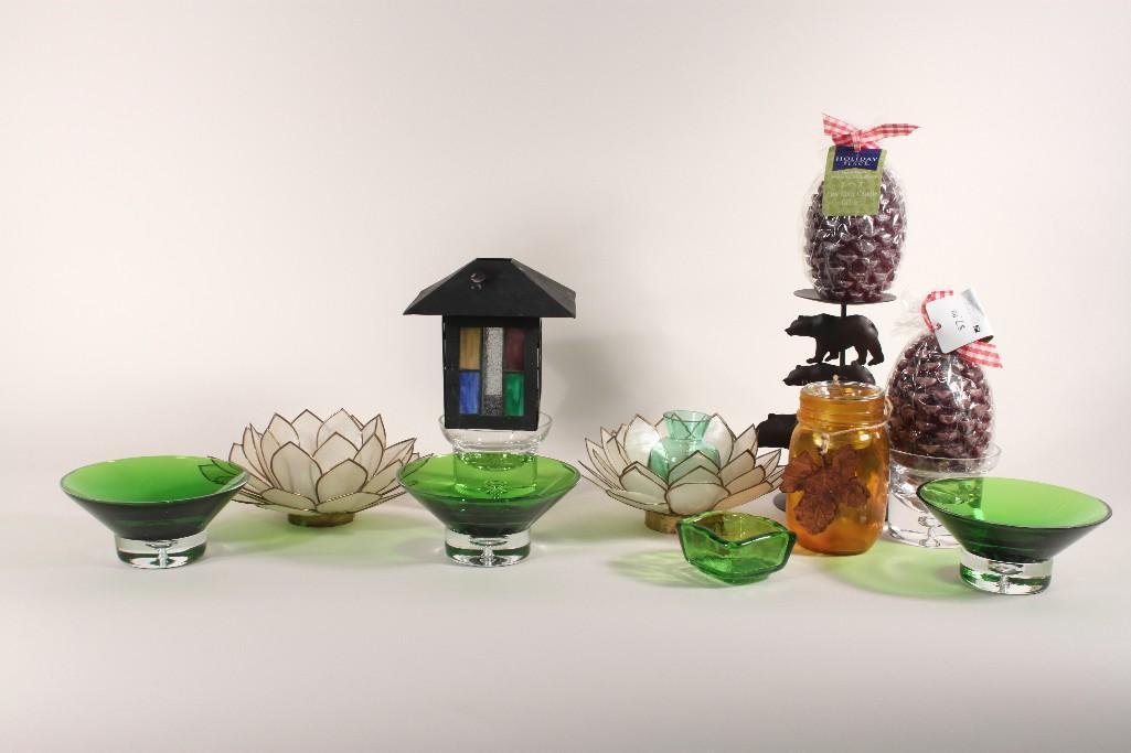 Decorative Candle Holders & Candles: Lotus flower candle holders (pair), pine cone candles (2), clear glass candle holders (2), stained glass candle lantern and more 