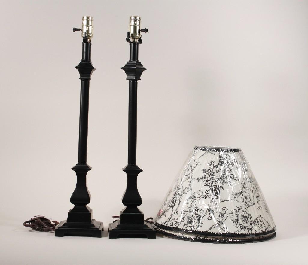 Table Lamps (pair): Lamps measure without shades 24" tall, shades included, but lamps need harps.
