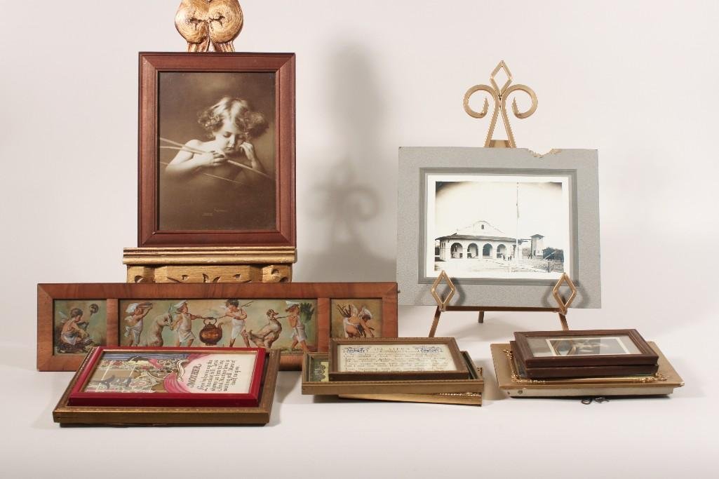 Vintage Prints and Photographs: Four framed photographs. Framed quotes which include "Mother", "In Lifes Garden", "Friendship". A print of cherubs marked Albertine Randall Wheelan and more.