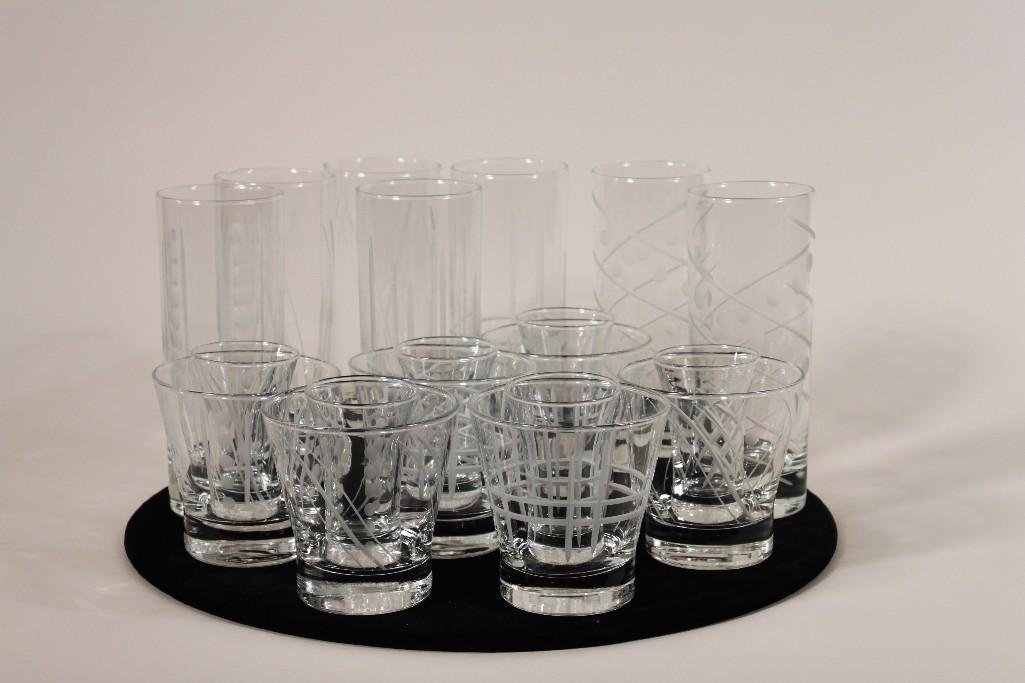 Vintage Clear Glassware (19): Etched beverage glasses, shot glass, and water goblets. two different vintage patterns, good condition