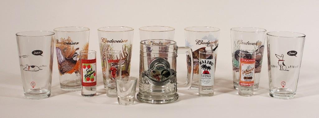 Glass Bar Ware (13): Animal themed beer glasses, 2005 super bowl mug, and (5) shot glasses, all are in good condition