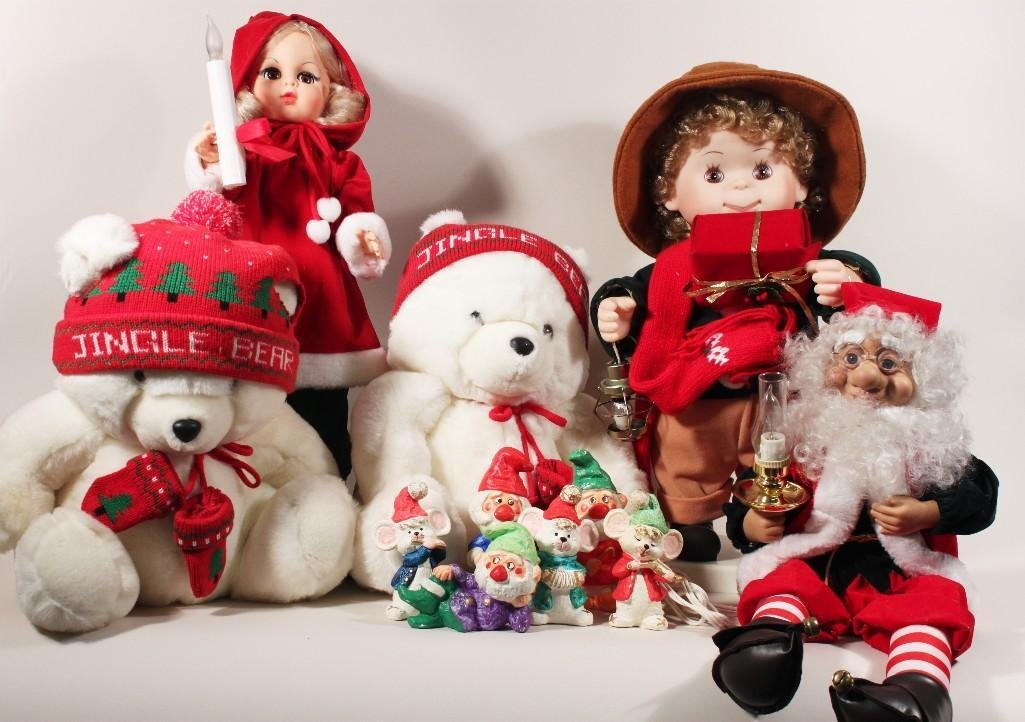 Christmas Collection: Items include: two plush bears, electric girl with candle and boy with present and lantern, one electric elf with light, and more.