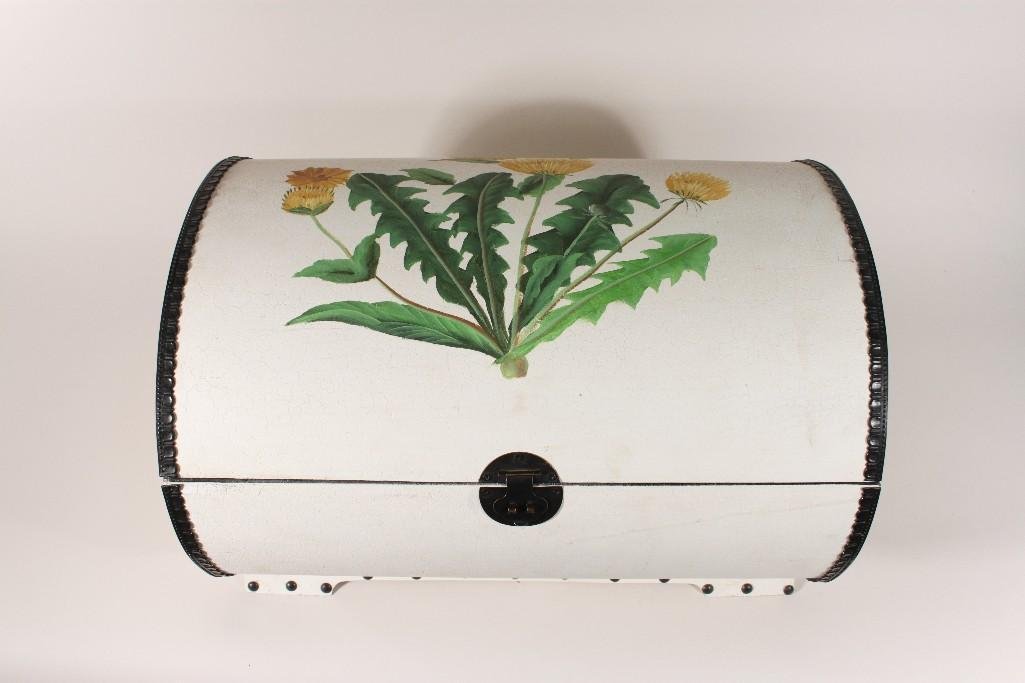 Dandelion Themed Storage Box: White box with black trim has dandelions painted on the lid. Measures 11" X 17" X 12.5".