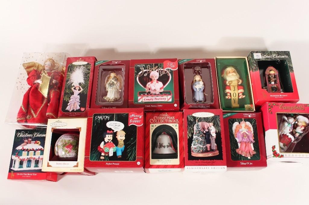 Campbell's, Hallmark and other Christmas Ornaments: Ornaments include, I Love Lucy Candy Factory, Nancy and Sluggo Perfect Present, Joyful Bells, Tidings of Joy 1997, On the Rooftop, and more 
