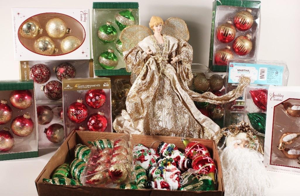 Christmass Ornaments and Decor: Large lot includes Tree toppers, glass ornaments, shatter-resistant ornaments and more.