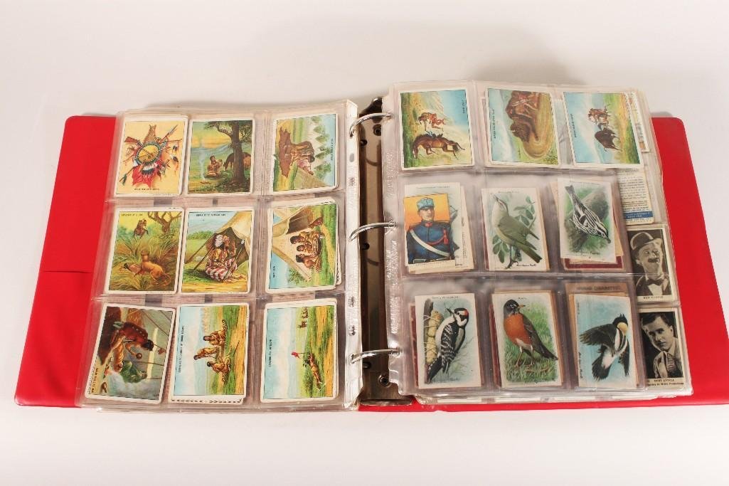 Vintage Cigarette, Tea, and Candy Collectors Cards: Large binder with 40+ pages of trading cards. Series include birds (Red Rose Tea and Coffee and Arm & Hammer), cars (Brooke Bond Tea), wild west, fish, silent screen film stars, airplanes, Popeye 
