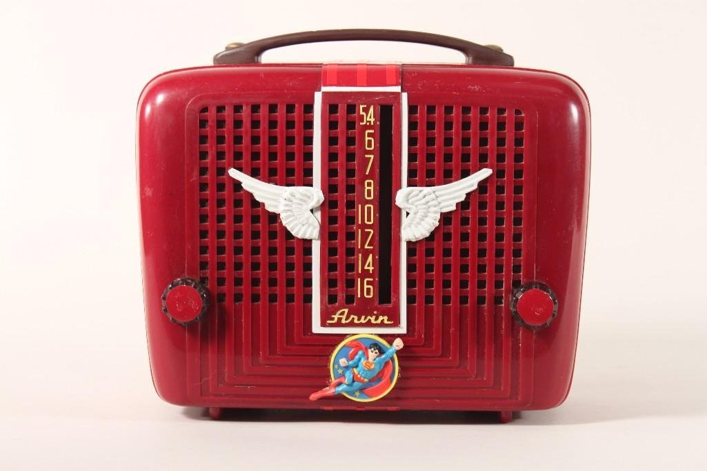 Arvin Vintage Portable Radio: Superman embelshed, red plastic encasement, 9" x 8" x 4.5"