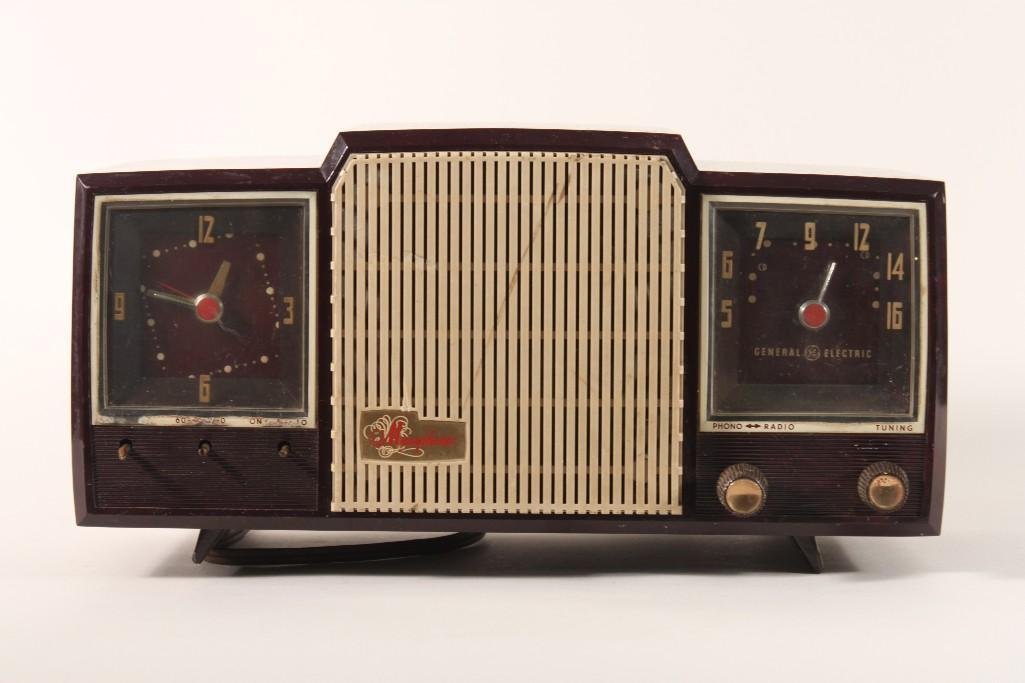 Musaphonic General Electric Clock/Radio: 14" x 7.5" x 6.5", has brown plastic encasement, shows some wear