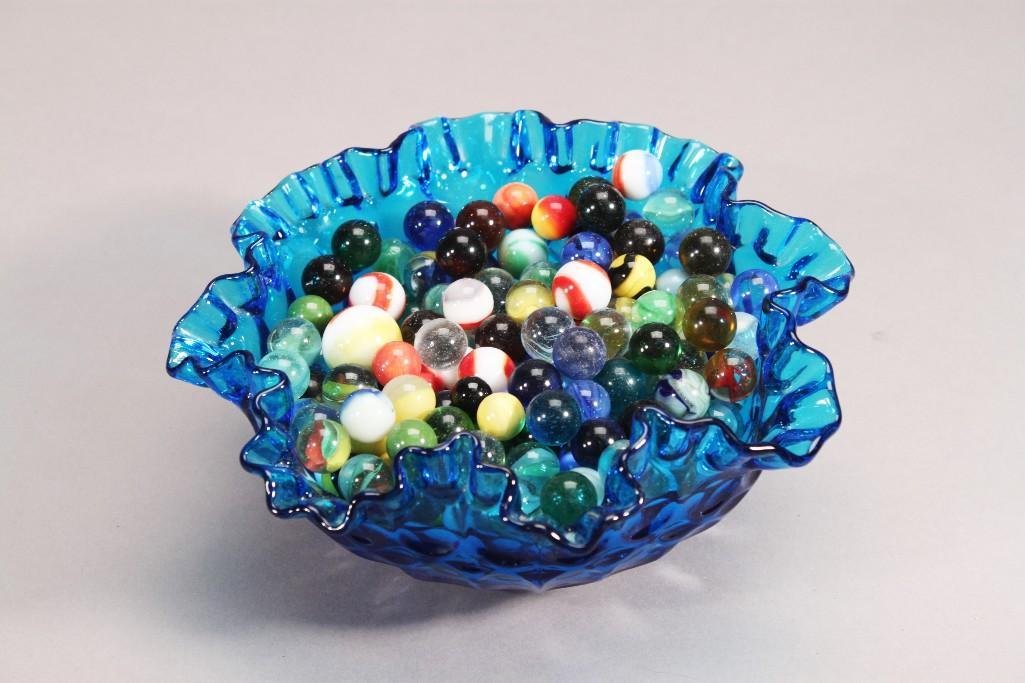 Vintage Blue Glass Bowl and Marble Collection: nice large assortment of marbles, and a 3.5" blue glass bowl (good condition)