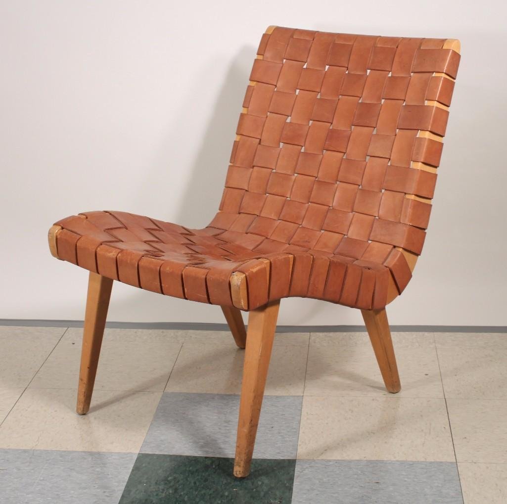 Knoll "Risom" Lounge Chair: Leather woven straps on wood legs and frame,early mid century 1900-1940s,paper label reads Knoll Association Inc. 575 Madison Ave NY 22, very good condition