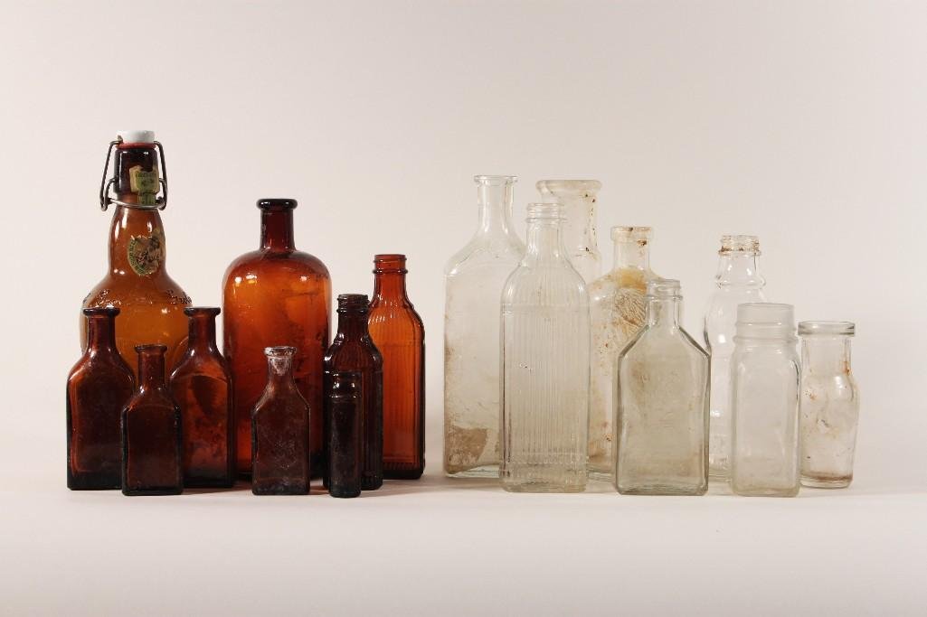 Vintage Amber and Clear Glass Bottles (17): Lambert Listerine clear glass bottle, Hinds Honey and Irish Cream clear glass bottle, Lager Beer amber glass bottle, and more 