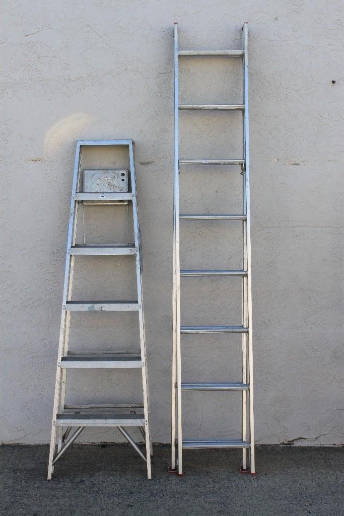 Aluminum Ladders (2): small ladder is 6' tall, second ladder is made by Werner is a Safe-T-Master type 3 max working length is 13'
