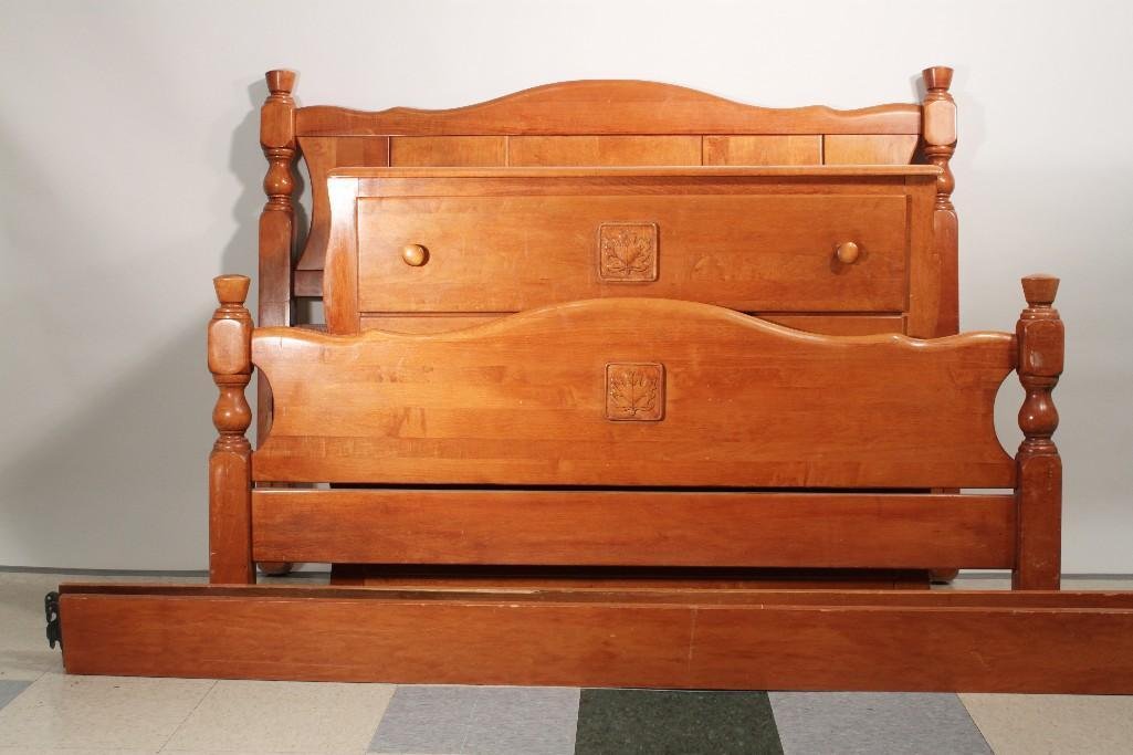 Vintage Maple Dresser and Bed Frame: Inside stamped Virginia House Lincoln Industries, three drawer dresser measures 42" x 33" x 18.5", bed frame measures 57" x 42", includes foot board 25" tall, w