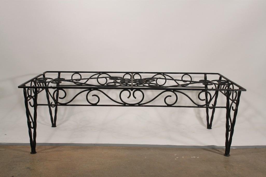 Vintage Wrought Iron Bench and Coffee Table: Bench measures 48" x 28" x 20" has some rust and needs new seat cushion, black wrought iron coffee table is 48" x 15.5" x 26", has some rust needs new glass top, 