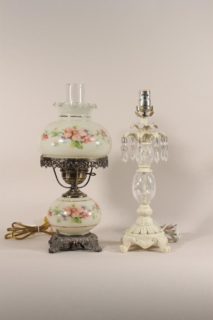 Gone With The Wind style table lamp (2): 18" Hand Painted floral on off white glass with chimney, plus a modern metal shabby chic-like table lamp with prisms