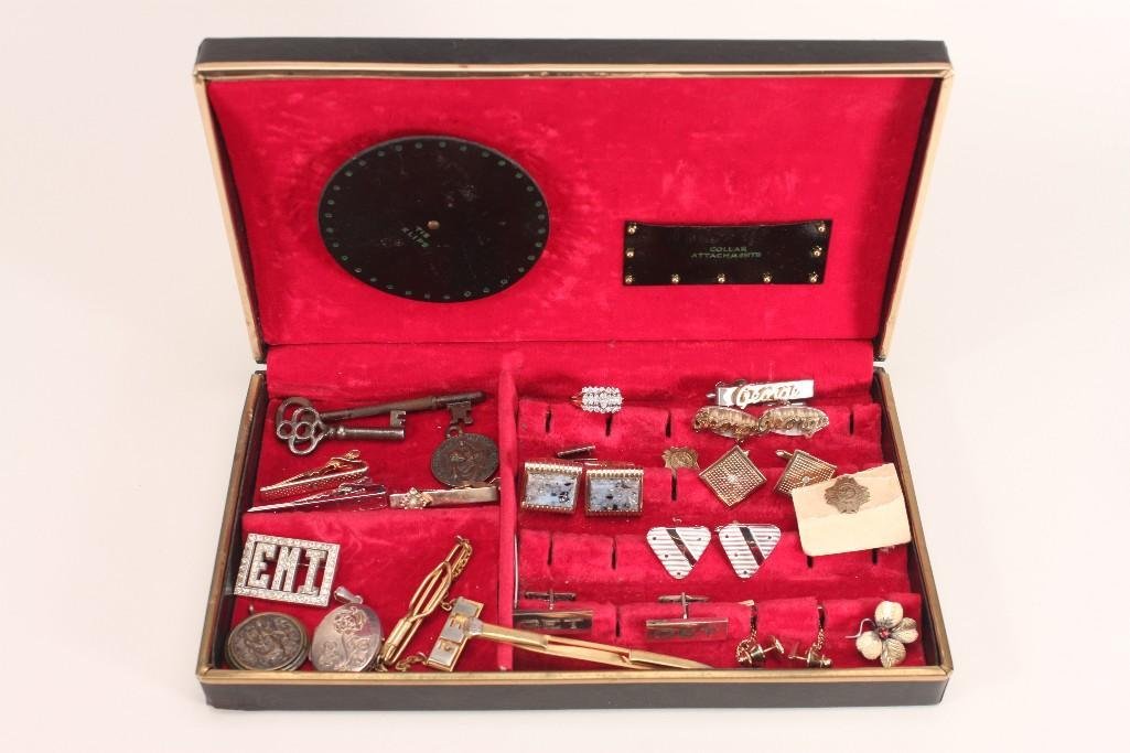 Jewelry Box And Contents: Includes lockets, tie clips, womens rhinestone ring, and more 