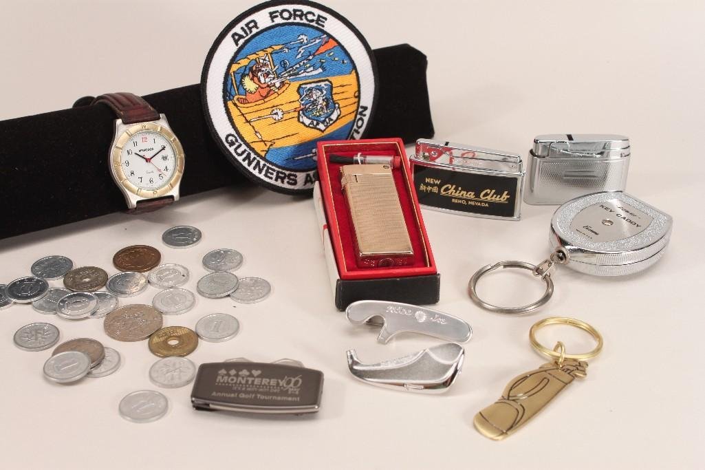 Vintage Lighters and Mens Accessories: Bentley lighter, Vulcan lighter, Metal and awards, tie pins, Mcgregor quartz watch and more 