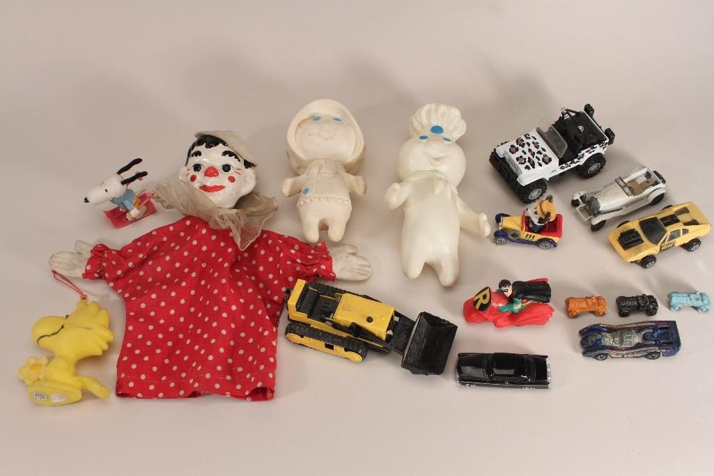 Vintage Toys: Items include clown hand puppet, dough boy toys, miniature toy cars, and more 